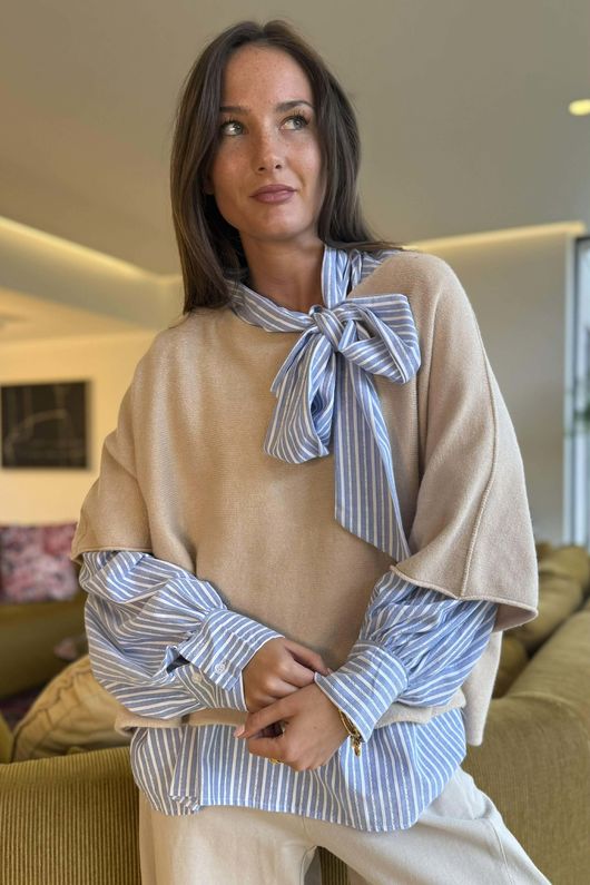 Nantucket Stripe Tie Neck Blouse Light Denim